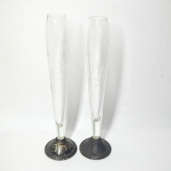 2 Etched Glass Bud Vases w/Sterling Silver Base Duchin Vintage 10" Tall - Picture 1 of 12